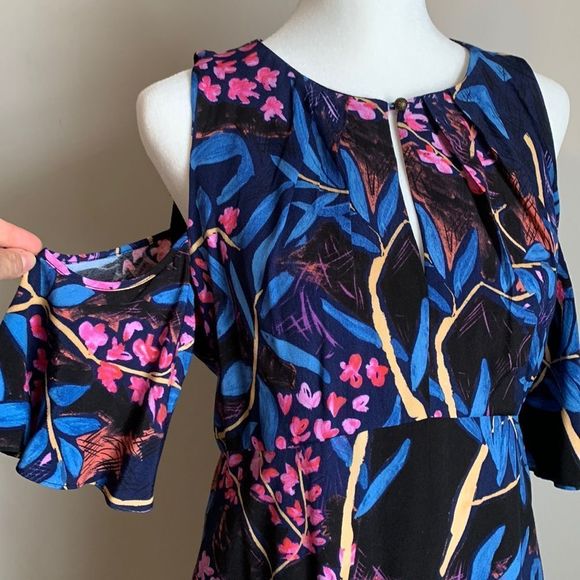 Maeve Anthropologie Dress Blue Black Pink Off Shoulder Size 4 Womens Knee Length - Picture 5 of 7